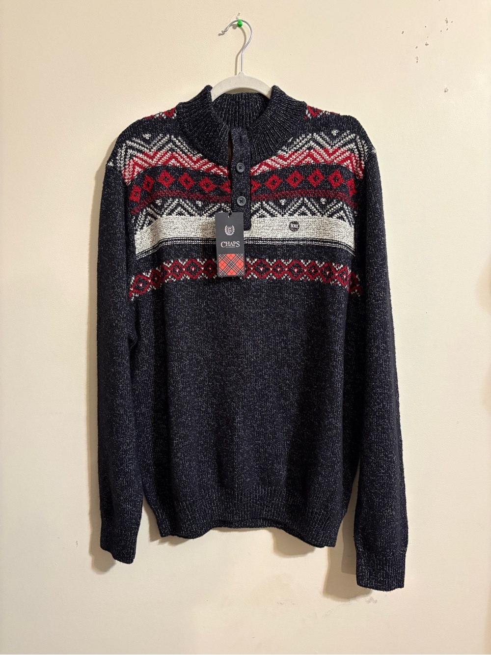 Chaps Fair Isle sweater men’s XXL black marled knit red white button neck NWT